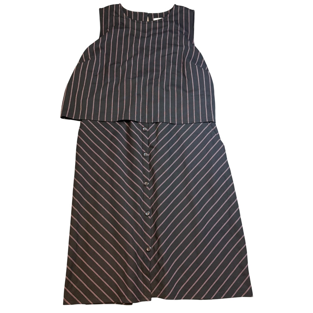 J. Jill Ponte Sleeveless Layered Pinstripe Button Front Dress Black Red Large